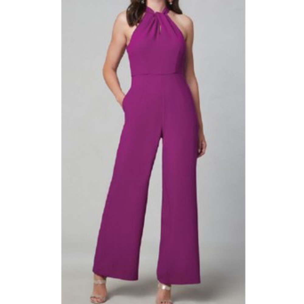 Julia Jordan fucshia twist neck crepe halter jumpsuit Sz 16 wide leg back zip